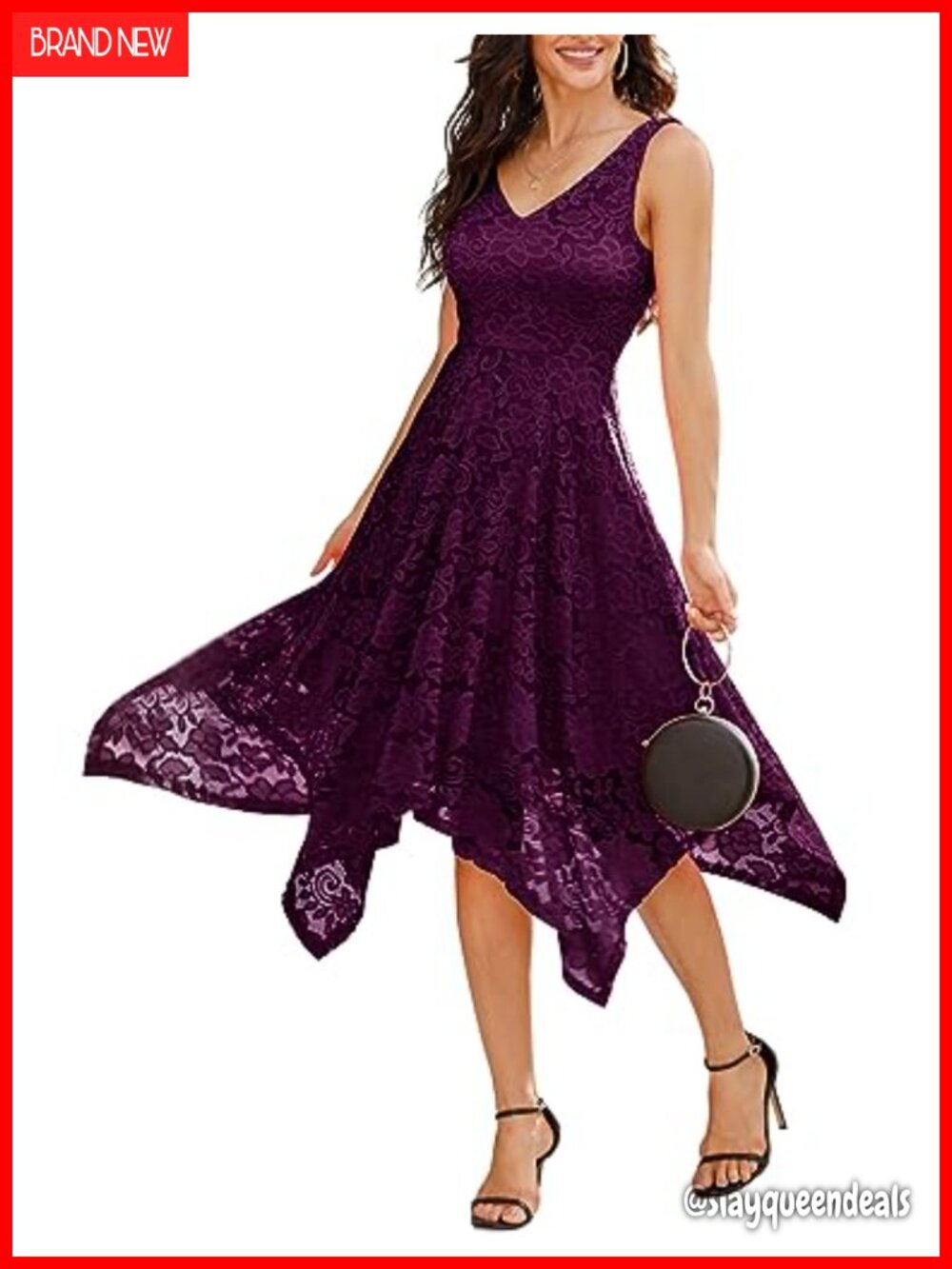 Lace Cocktail Dress V-Neck Sleeveless Fit Flare Wedding Guest Midi Dress